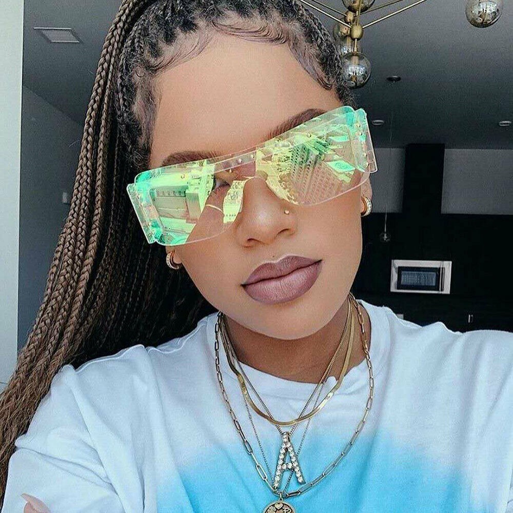 Shield Sunglasses Futuristic Punk Visor Green‎ Mirrored Lens Women Party Shades
